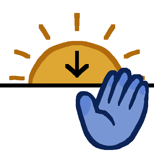 a sun sets down past a back horizon line. There is a back arrow on the sun pointing down to show it is setting. On the bottom right a round blue hand waves.